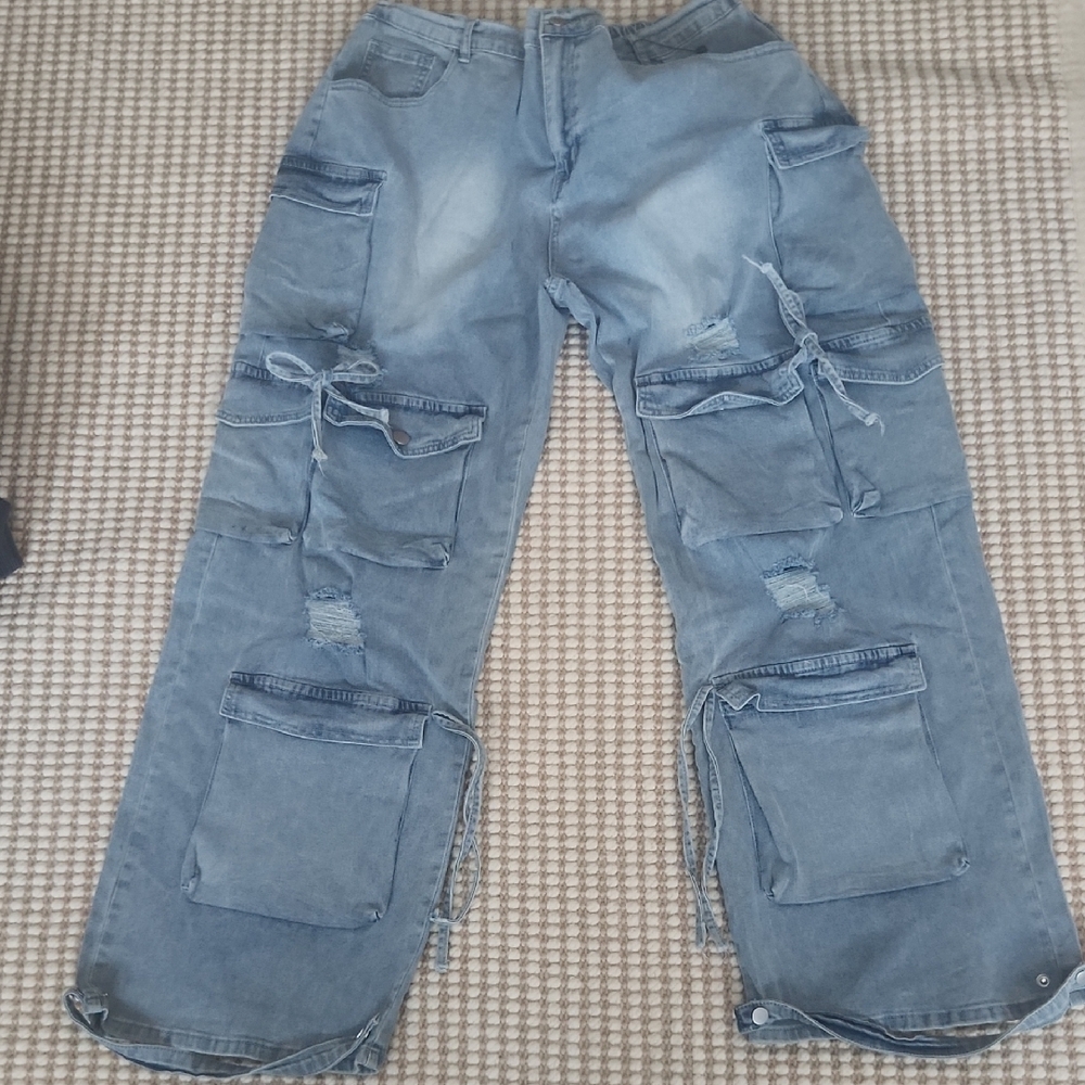 Amazon Women's Blue Flare & Wide Leg Cargo Loose Comfy XXL Jeans